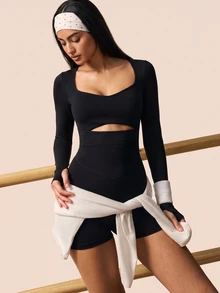 SHEIN BAE Women's Solid Color Round Neck Waist Cutout Slimming Fashion Long Sleeve Athletic Jumpsuit - Black - View 3