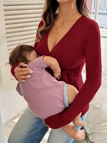 SHEIN 女款 V 領長袖極簡哺乳上衣 - 酒紅色 - 查看 7