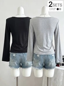 Set 2 áo kiểu mùa thu cho bé gái tween: áo tay loe trơn và áo babydoll nhún trước cho mùa đông - màu đen - Xem 2