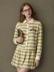 Elnivra Women's Letter Embroidered Striped Long Sleeve Single-Breasted Top And Pleated Skirt Casual 2 Pieces Set - Yellow - View 5