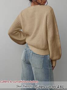 SHEIN BASICS 大尺碼女款素色休閒日常針織上衣 - 卡其色 - 查看 2