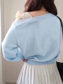 Dazy Plus Contrast Color Cold Shoulder Drop Shoulder Long Sleeve Bowknot Loose Casual Versatile Pullover Sweater Spring Autumn New Arrival - Baby Blue - View 4