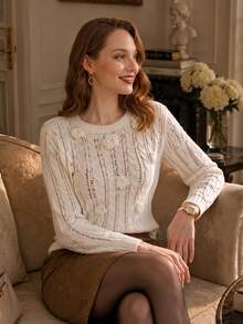 Suri Mira Women's Long Sleeve Hollow Crochet Floral Sweater - Beige - View 3