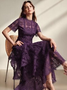 Anewsta 春夏新款情人節限量版 優雅溫柔 重工刺繡圓領短袖 圓形蕾絲拼接 收腰蛋糕荷葉邊泡泡長洋裝 女款 - Bold Plum - 查看 4