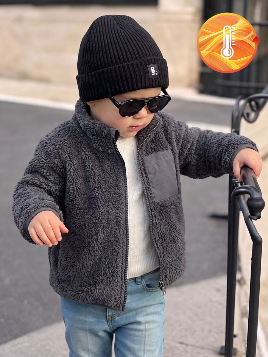 Souflis Souflis 1件幼童男嬰深灰色可愛毛絨抓絨外套,毛茸茸加厚,口袋拉鍊長袖小立領,戶外冬季秋季聖誕假期純色 - 灰色 - 查看 1