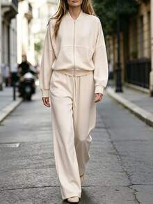 SHEIN Casual Baseball Collar Zip-Up Jacket & Drawstring Wide Leg Pants 2pcs Set For Women, Minimalist Solid Color Sporty Outfit - Apricot - View 1