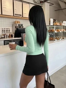 FavEase 女款純色前領結長袖挖空腰部性感時尚T恤 - 綠色 - 查看 2