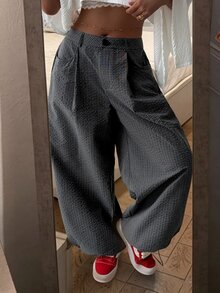 DAZY Plaid Loose Lantern Pants With Drawstring Hem, Casual Streetwear Daily Vacation Spring Autumn Women Long Pants - Grey - View 1