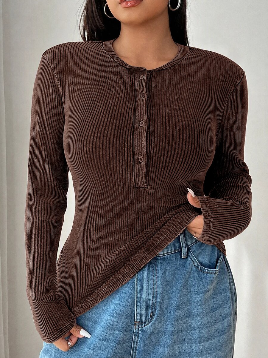 GalTyme Plus Size Women's Autumn/Winter Vintage Distressed Acid Wash Crew Neck Half-Button Long Sleeve T-Shirt - Brown - View 1