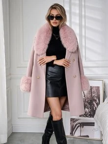 SHEIN Clasi 女款雙排扣繫帶毛絨飾邊優雅長版大衣，秋冬款 - 粉色 - 查看 5