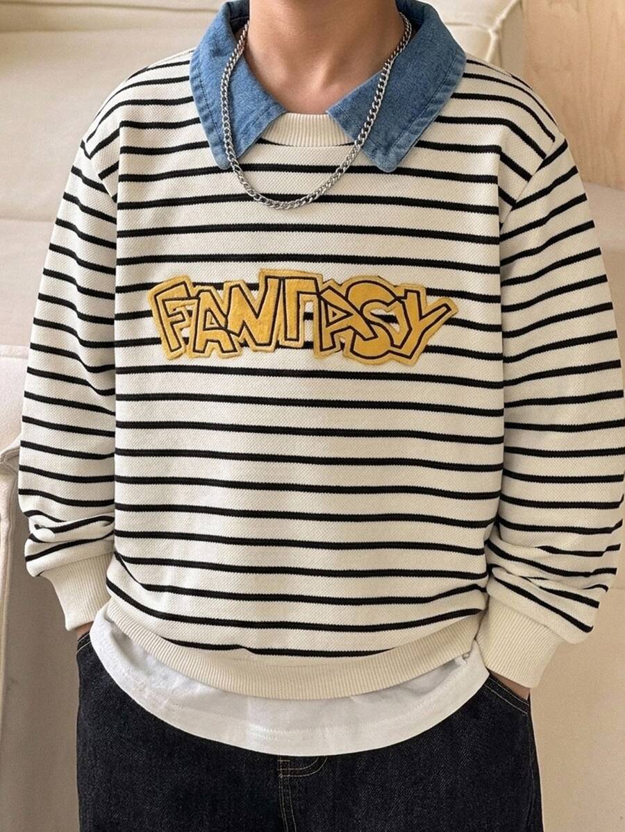 SHEIN كنزة سويت شيرت للأطفال والفتيان الصغار بأكمام طويلة وياقة مطرزة وخطوط بألوان متباينة، متعددة الاستخدامات ومريحة، بأسلوب رياضي جامعي كاجوال، مناسبة للربيع والصيف والخريف والشتاء - متعدد الألوان - مشاهدة 1