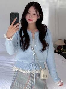 DAZY French Lace Patchwork Sweater Cardigan Women Autumn/Winter Thickened Slouchy Jacket Top Open Front - Blue - View 4