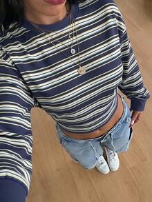 Coolane 女款條紋收腰圓領休閒極簡運動風街頭穿搭百搭派對機場造型Y2K上衣，學院風，女款外出穿著，女款春秋穿著 - 白色 - 查看 4
