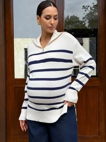 SHEIN Maternity Striped Drop Shoulder Long Sleeve Zipper Design Casual Nursing Sweater - Multicolor - View 4