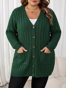 SHEIN CURVE+ 大尺碼女款落肩長袖單排扣商務休閒度假鄉村風冬季針織開襟衫 - 綠色 - 查看 4