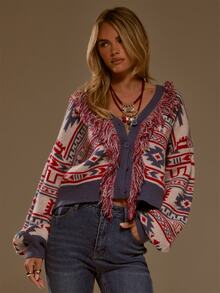 MUSERA Cardigan Rajut Fair Isle dengan Detail Rumbai Bergaris dan Kancing Depan, Model Crop Oversized untuk Musim Gugur dan Musim Dingin, Gaya Koboi Barat yang Imut - MultiWarna - View 1