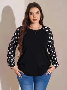 SHEIN LUNE 大尺碼女款拼接波點圖案長袖圓領休閒T恤 - 彩色 - 查看 3