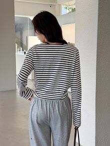 K-Vae Women's Striped Knit Sweater + Camisole 2 Pieces Set - Navy Blue - View 2