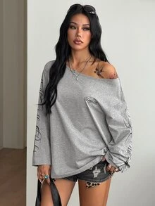 Coolane 女款字母印花不對稱肩休閒日常長袖T恤 - 淺灰色 - 查看 4