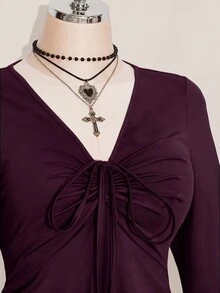 SHEIN ICON 女款大尺碼性感辣妹復古Y2K風抓皺胸部喇叭袖黑色洋裝 - 紫紅色 - 查看 6