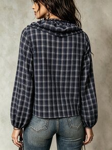 SHEIN PariChic INS French Style Ruffle Trim Plaid Shirt For Women - Royal Blue - View 2
