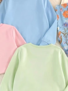 SHEIN 幼女公主卡通花卉運動衫與寬腿褲套裝，粉藍綠色 (3套) 秋冬款 - 彩色 - 查看 4