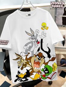 LOONEY TUNES X SHEIN Daypath 標準尺寸男士 100% 純棉修身 T 恤，卡通圖案設計 - 彩色 - 查看 5