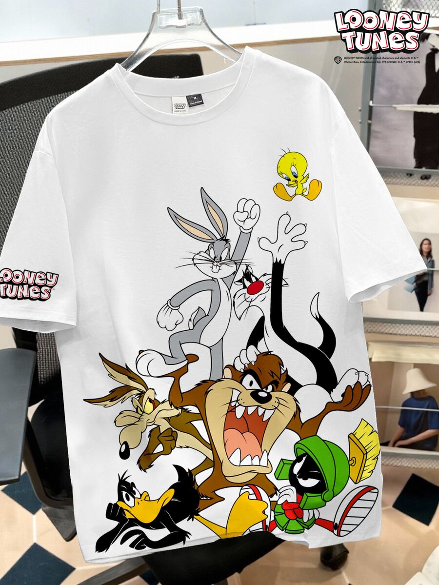 LOONEY TUNES X SHEIN Daypath تي شيرت رجالي مقاس قياسي 100% قطن ضيق، تصميم بنمط كرتوني - متعدد الألوان - مشاهدة 1