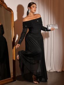 Cravure Plus Size Women's New Off-Shoulder Long Sleeve Backless Cold Shoulder Fitted Ruched H-Line Dress - Black - View 1