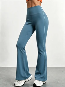 Easithlete Women's Striped Colorblock High Waist Flared Leg Yoga Pants - Dusty Blue - View 6