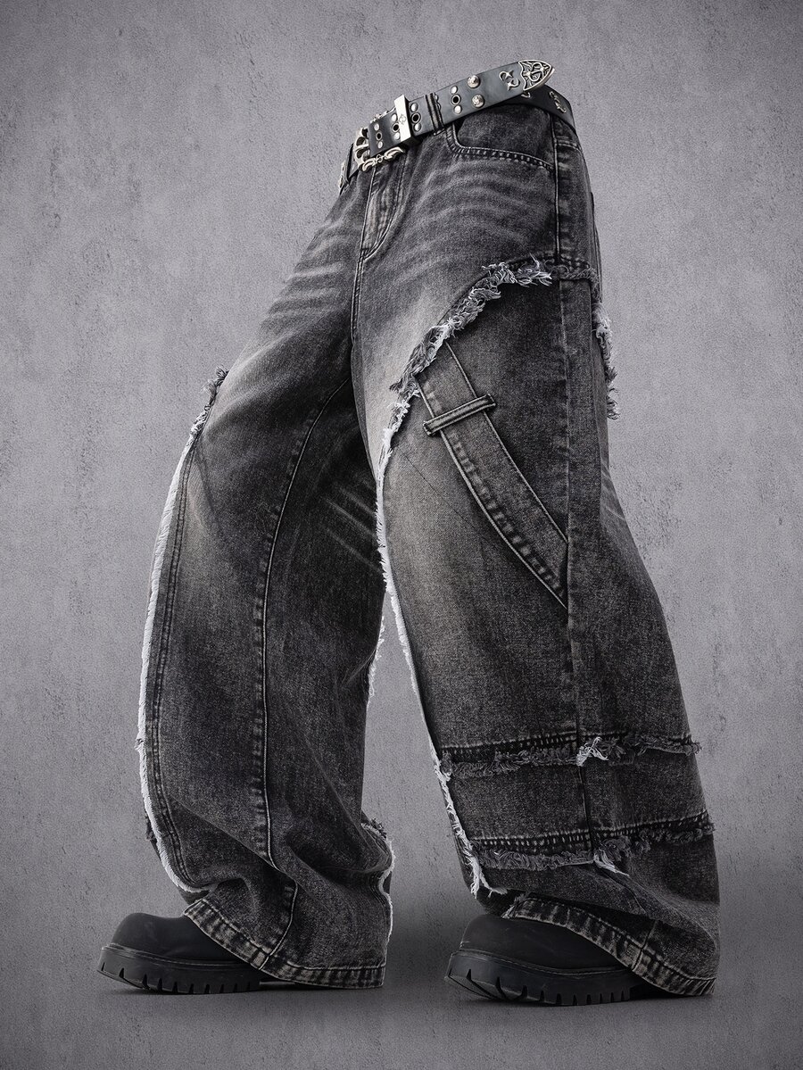 Manfinity Denimwave 男士毛邊下擺口袋休閒寬腿牛仔褲 - 深灰色 - 查看 1
