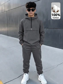 SHEIN 青少年男孩 2件組 休閒灰色半拉鍊連帽衛衣（附織標）搭配純色長褲 - 灰色 - 查看 5