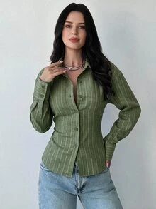 Firerie 女款綠白條紋長袖襯衫，後腰綁帶收腰設計，春夏秋冬皆宜，優雅休閒，適合辦公商務 - 軍綠色 - 查看 6
