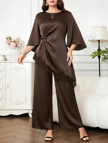 SHEIN Clasi Women's Lace Asymmetrical Hem Pleated Top And Satin Loose Fit Pants 2 Pieces Set - Coffee Brown - View 6