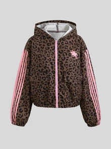 SHEIN 青少年女孩豹紋與條紋圖案長袖拉鍊休閒連帽夾克 - 棕色 - 查看 2
