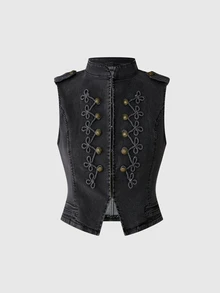ROMWE Grunge Punk Summer Punk New Chinese Style Design Frog Button Peace Knot Small Stand Collar Slim Fit Denim Top - Grey - View 1