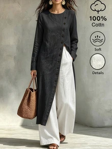 SHEIN Blus Wanita Lengan Panjang dengan Kerah Bulat dan Belahan Depan serta Kancing - Hitam - View 6