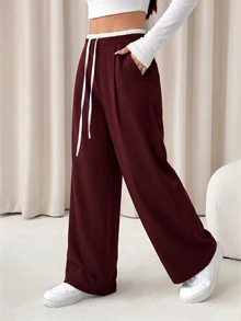 SHEIN PETITE 女款拼色休閒日常穿著長褲，女士春秋休閒抽繩口袋長褲 - 酒紅色 - 查看 3