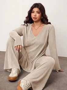 Enliva Plus Size Casual Home 2 Pieces Set: Minimalist Cold Shoulder Ribbed Design, Suitable For Autumn/Winter Wear, Flattering For Curvy Figures - Apricot - View 3