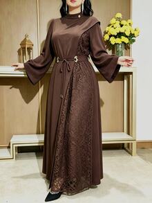 Modelyn Plus Size Women's Stand Collar Bell Sleeve Contrast Lace Elegant Dress - Coffee Brown - View 4