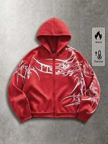 ROMWE MEN Goth Men's Red Zipper Placket Graphic Long Sleeve Hoodie - Red - View 1