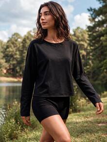 Exploreva Women's Long Sleeve Backless Cross Back T-Shirt - Black - View 5