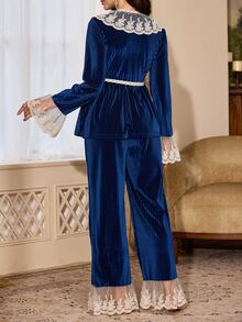PalaceNights Elegant Lace Trim Ruffle Navy Blue Velvet Wrap Top Long Sleeve Pants Pajama Set - Navy Blue - View 2