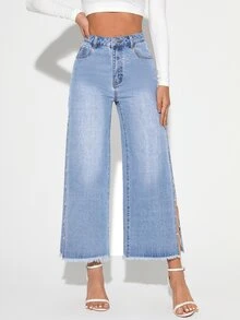 SHEIN Essnce Plus Size Women's Button Half-Front Closure Double Pocket Rhinestone Chain Decor Side Slit Denim Cropped Wide Leg Pants - Blue - View 5