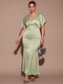 SHEIN BAE CURVE 大尺碼女款V領緞面洋裝，適合約會、度假、派對、日常穿著、聚會、戶外活動 - 綠色 - 查看 7