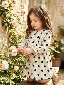 SHEIN Vintaside Kids 幼女甜美優雅米色黑色波點荷葉邊鈕扣長袖圓領修身A字裙，適合生日派對、婚禮賓客、秋季假期 - 白色 - 查看 1