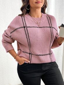 Elenzga 大尺碼女款圓領落肩長袖休閒套頭毛衣 - 淡紫色 - 查看 7