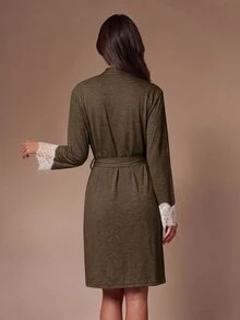 Lazeform Women's Summer Morning Robe With Lace Patchwork And Tie-Up Design, Comfortable Fabric - Brown - View 2