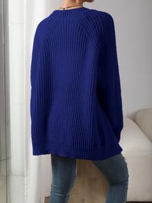SHEIN LUNE 女款休閒純色落肩長袖針織開襟衫 - 寶藍色 - 查看 2