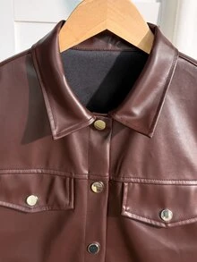 SHEIN 青少年女孩夾克，春季街頭風街頭服飾，寬鬆嬉皮運動休閒基礎舒適拉鍊棕色修身短版長袖外套工作穿搭 - 棕色 - 查看 4